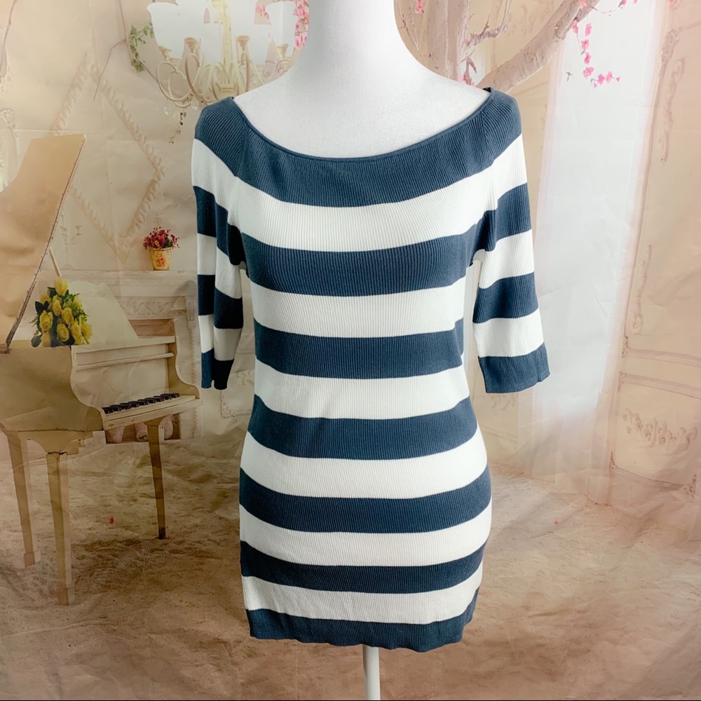 Lafayette 148 New York Blue Striped Boat Neck Ribbed Sweater
